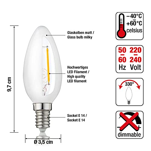 Hellum LED Light Bulb C35 LED Filament E14 Base Warm White 2700 K 2 W Matt Pack of 5 207200, 5er Pack - Image 2