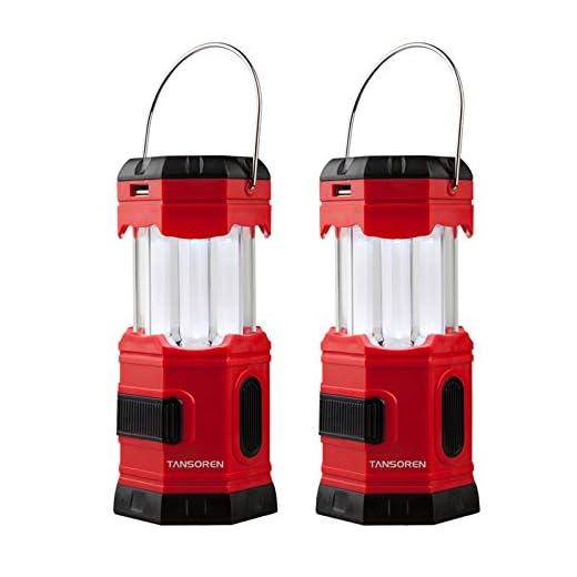 TANSOREN 2 PACK Portable LED Camping Lantern Solar USB Rechargeable or 3 AA Power Supply, Built-in Power Bank Compati Android Charge, Waterproof Collapsible Emergency LED Light with"S" Hook