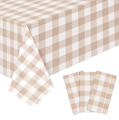3Pack Light Khaki Gingham Tablecloths, Khaki and White Checkered Tablecloth