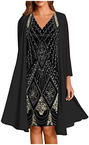 SURJI Two Piece Dress for Women Casual Vintage Sleeveless V- Neck Floral Dress with Jacket Tea Length Party Wedding Dresses XX-Large, #15black