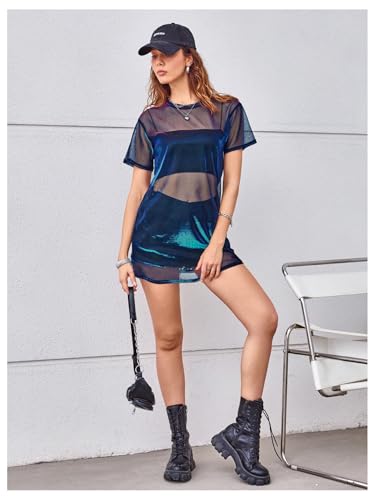 Image of Floerns Women's See Through Sheer Mesh Night Out Dress Short Sleeve Round Neck Club Short Dress