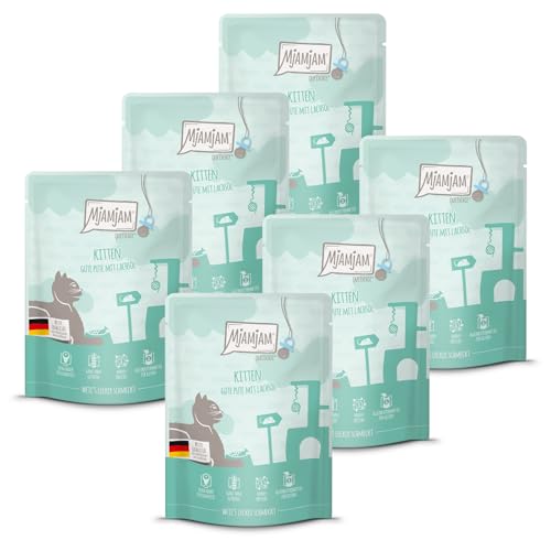 MjAMjAM - Comida húmeda premium para gatos - Quetschie - Kitten good pavo con aceite de salmón, pack de 6 (6x300g), sin cereales