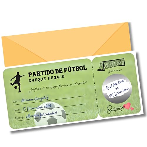 EQUIK PRODUCTS Vale regalo partido de fútbol | Vale regalo para rellenar | Tarjeta rascar | Regalo pareja original, regalo romántico, regalo Navidad | Bono, cupón regalo personalizado (FÚTBOL)