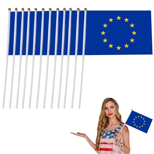 Bandeira União Europeia Stick Mini, pequena UE, para comemorações nacionais e do Dia da Memoria, 10 peças, 14 x 21 cm