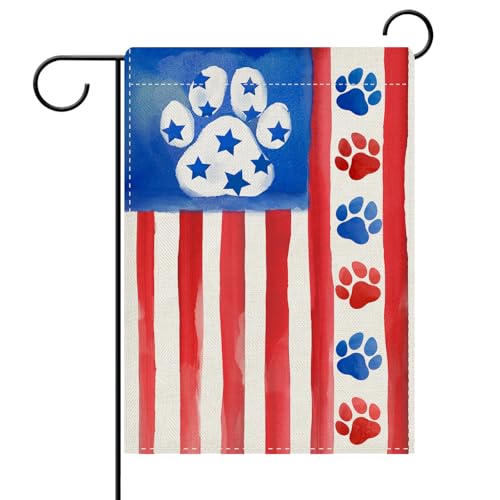 Dyrenson 4th of July Dog Cat Paw Prints Decorative Garden Flag, Patriotic America Watercolor Yard Outside Home Decorations Pet Lover Gift, American USA Burlap Outdoor Small Decor Double Sided 12 x 18
