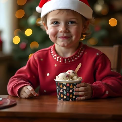 Image of Confettiville Paper Ice Cream Cups, 50-Count 9-Oz Disposable Dessert Bowls for Hot or Cold Food, 9-Ounce Christmas Party Supplies Treat Cups, Christmas Trees, Gold Foil