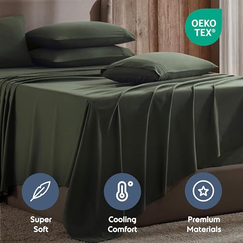 Image of Nestl Extra Deep King Sheet Set - 6 Piece Breathable & Cooling Sheets - Hotel Luxury Bedding Set w /18-24 Inch Deep Pockets - Easy & Secure Fit - Super Soft, Wrinkle Free & Comfy - Olive Green