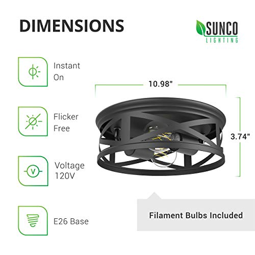 Sunco Lighting 2 Pack Industrial Ceiling Fixture, Anti-Corrosive Matte Black, Outdoor Flush Mount Ceiling Light, Metal Pendant, Dimmable Filament LED Bulbs Included, Ideal for Entryway, Foyer, Bedroom