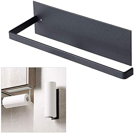 Paper Towel Holder Under Cabinet, Stainless Steel Kitchen Roll Paper Hanger Wall Mount, Save Space Self-Adhesive Plastic Wrap Holder and Towel Rack(Black)