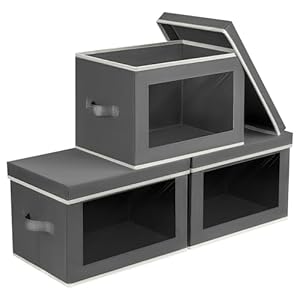 Storage Bins with Lids – Fabric Storage Boxes with Lids, Collapsible Storage Bins with Window, Decorative Closet Organizers and Storage for Clothes, Towels, Books, 3 Packs, Grey