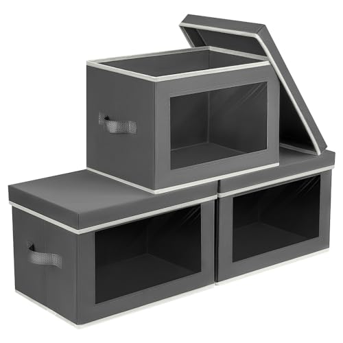 Storage Bins with Lids – Fabric Storage Boxes with Lids, Collapsible Storage Bins with Window, Decorative Closet Organizers and Storage for Clothes, Towels, Books, 3 Packs, Grey