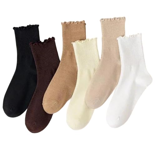 Image of Women Ruffle Crew Socks Cute Frilly Lettuce Turn-Cuff Calf Dress Sock 6 Pack