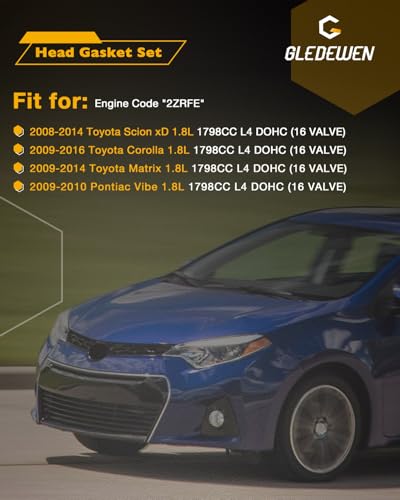 Image of Head Gasket Set 1.8 L, Timing Chain Kit, Fit for 09-16 Toyota Corolla | Compatible with 08-14 Toyota Scion xD, 09-14 Toyota Matrix, w / Water Pump, MLS Engine Gasket, Cylinder Head, HS26515PT