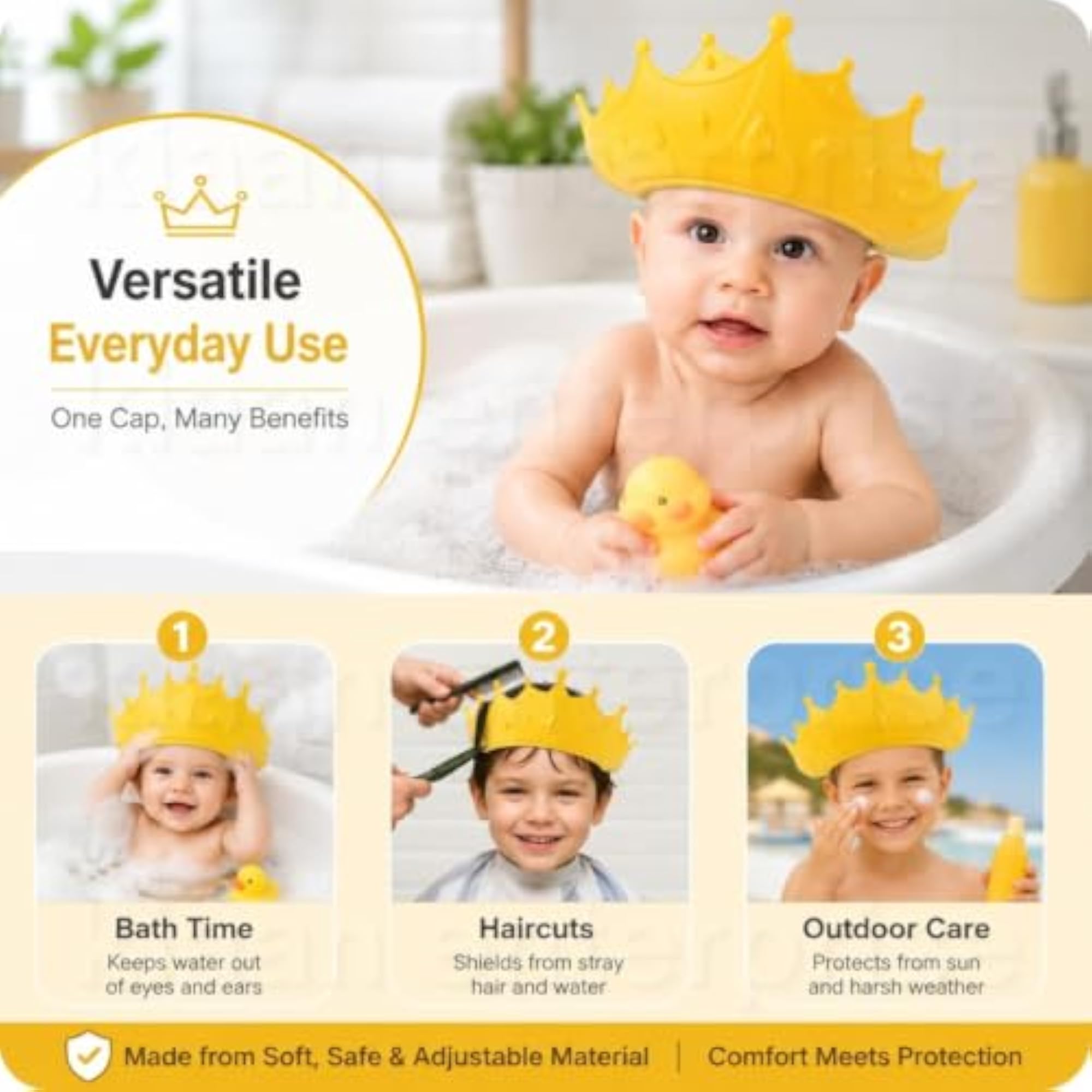Baby Bath Shower Cap with Eye and Ear Protection, Adjustable Silicone Hat