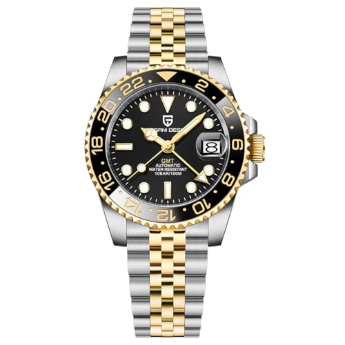 Pagani Design GMT Automatic Mechanical Men's Watch Rotating Ceramic Bezel Stainless Steel Watch with Date Function Men's Sport (Gold and Black Between Steel Belts-5)