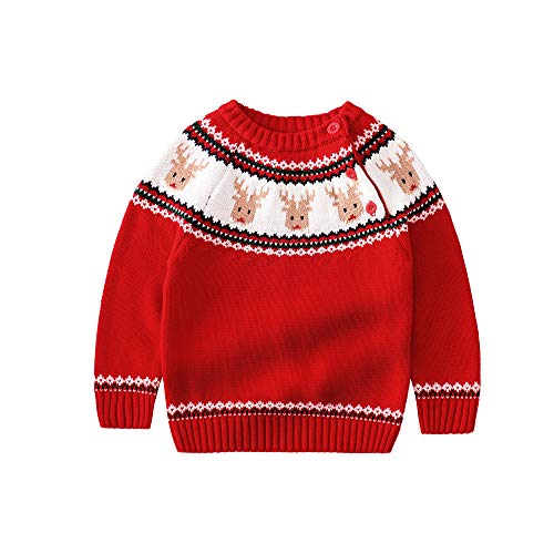 Baby Toddler Boys Girls Christmas Deer Knit Sweater Cotton Kids Crew Neck Pullover Sweatershirt (Red, 4-5 T/Lable:120)