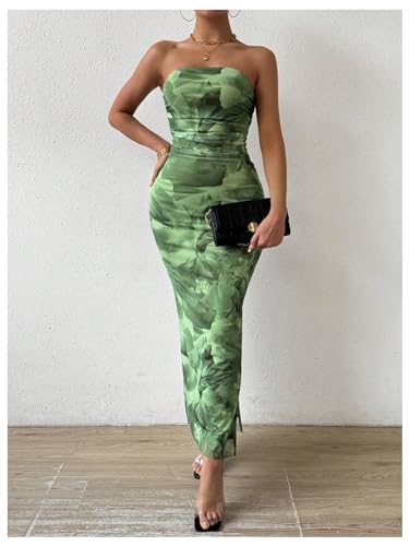 Image of Milumia Women's Printed Strapless Tube Top Maxi Dress Slit Hem Sleeveless Bodycon Wedding Guest Party Long Dresses Olive Green X-Large