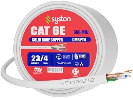 Syston Cable Technology Cat6e Ethernet Internet Cable - 100 FT，600MHz 23AWG Solid Bare Copper Wire Outdoor/Indoor Suit, No Ends 10 Ft to 1000 Ft Available, Heat Resistant Riser Rated - CMR