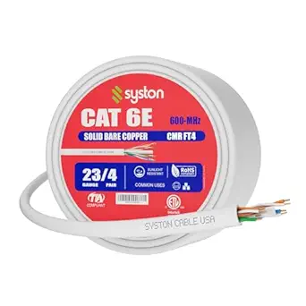 Syston Cable Technology Cat6e Ethernet Internet Cable - 100 FT，600MHz 23AWG Solid Bare Copper Wire Outdoor/Indoor Suit, No Ends 10 Ft to 1000 Ft Available, Heat Resistant Riser Rated - CMR