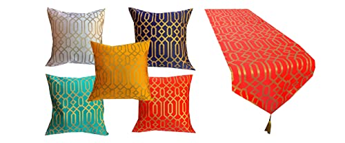 Pinkparrot Jacquard Multicolour Cushion Covers (16x16 inches) - Set of 5 pcs and Table Runner 12x72 in- 1 pc 012