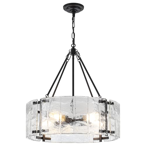 22" Modern Black Textured Glass Chandelier 5 Lights Large Drum Ceiling Chandeliers for Dining Room Farmhouse Round Hanging Pendant Light Fixture for Kitchen Island Living Room Foyer Entryway Bedroom by LZLDCJ - Used condition - Image 9