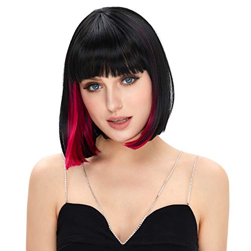 STfantasy Short Bob Hair Wigs Straight with Air Bangs Synthetic Cosplay Daily Party Wig for Women (Pink)