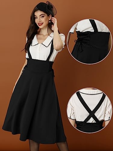 Allegra K Vintage Overall Skirts for Women's High Waisted Lace Up Flared Midi Suspender Skirt2