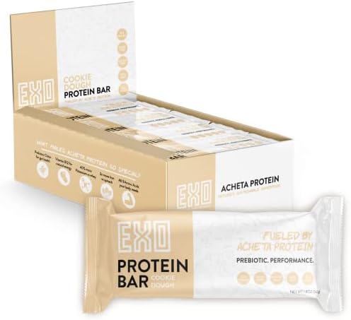 EXO Prebiotic Protein Bars, Cookie Dough | Dairy Free, Gluten Free, Low Sugar | 14g Protein, Sustainable, B12, Gut Heath, | Non-GMO. Vegetarian, Paleo | Vitamins, Sustained Energy, 12 Count,