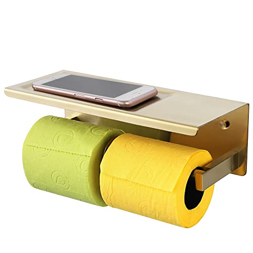SAYAYO Porte Papier Toilette Double, Support Papier Toilette Mural Distributeur Papier Toilette Finition Dorée Convient pour La Cuisine, Les Toilettes Fixation Murale Ou Autocollante, EGOY11002-G Cover