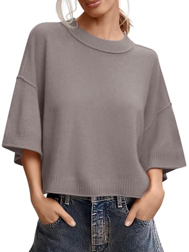 Image of Women's Short Sleeve Cropped Sweaters 2025 Summer Oversized Loose Fit Drop Shoulder Casual Sweater Tops