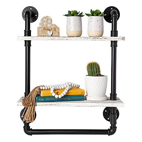 Industrial Bathroom Shelf w/ Pipe Towel Bar – Farmhouse Towel Rack Made of Paulownia Wood and Cast Iron, Pipe Rack in Black Matte – Wall Mount Hand Towel Holder for Rustic Décor w/ 2-Tier Shelf