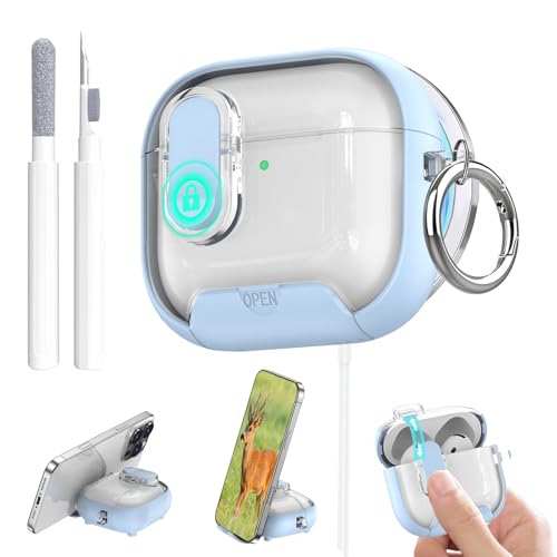 Image of Aircawin for Airpods 4 Case Clear,Secure Lock for Airpods 4th Generation Case Cover with Phone Stand and Magsafe Function,Auto Pop-up,Hybrid Protection Design with Carabiner&Cleaning Pen-Blue