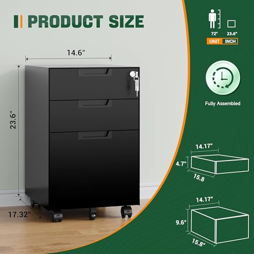 Image of Letaya 3 Drawer Mobile File Cabinet with Lock,Under Desk Metal Small Filing Cabinets for Home Office Organizer Letters /Legal /A4(Fully Assembled Except Wheels-Black)