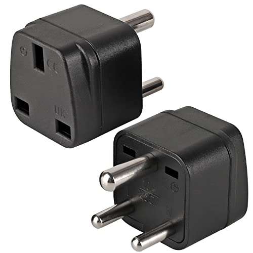 2-Pack UK to India Plug Adapters, TENINYU India Power Converter Grounded Universal Travel Adapter 3 Pin India International Type D Plug (Black)