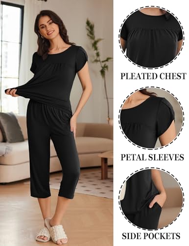 Image of Ekouaer Women's Capri Pajama Set Short Sleeve Mumu Pjs Pleated Top Capri Pants with Pockets Sleepwear Lounge Set
