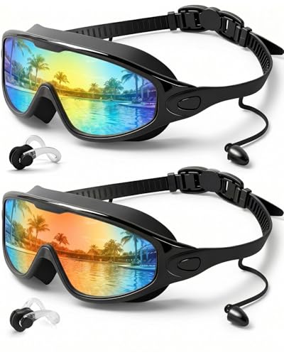 Rantizon Swim Goggles 2 Pack, Adjustable Wide View Anti Fog&UV Swimming Goggles for Audlt, No Leaking Swim Glasses for Men Women Youth, Aqua & Bright Orange