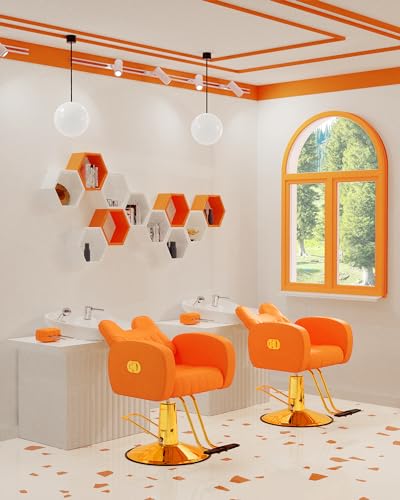 Baasha Ergonomic Orange and Gold Salon Chair with Comfortable Thickened Cushions, Heavy Duty Reclining Stylist Chair for Hair braiding, Extensions, Tattooing, Weight Capacity 440 lbs