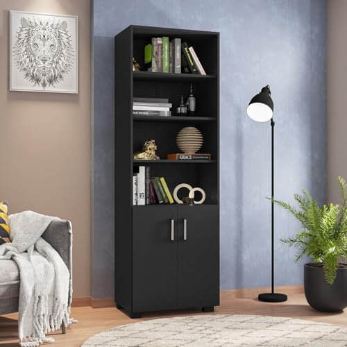 Armário Para Escritório Livreiro Aberto 2 Portas 5 Prateleiras Móveis Leão Preto