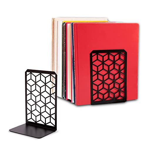 Image of Geomod 3D Cube Black Metal Bookends Decorative for Heavy Books - Sturdy Boho Book Stops - Minimal Book Shelf Stopper - Durable Office Bookends - Weighted Metal Book Holders - 7x4.75 Inches - 1 Pair