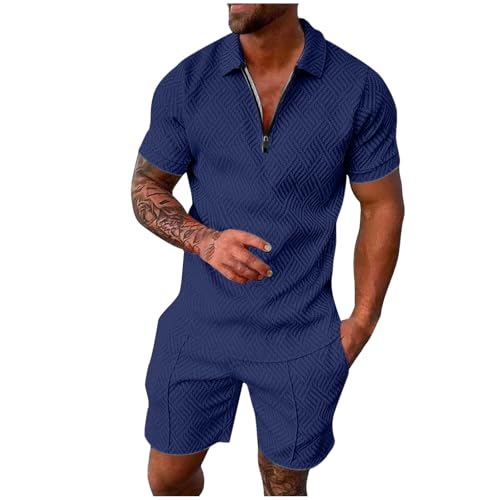 Ensemble décontracté deux pièces rayé pour hommes avec haut zippé et short à cordon