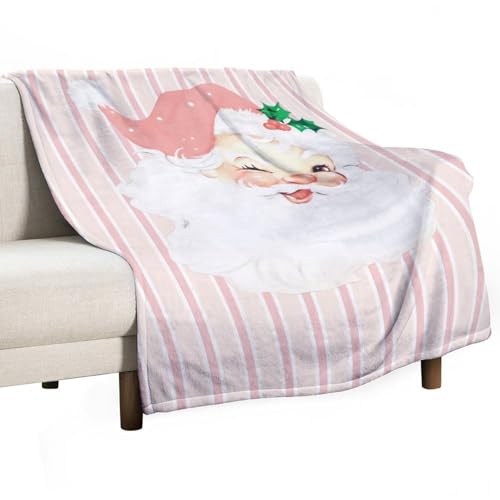 Manta navideña Vintage Rosa ruborizada con guiño de Papá Noel, cálida y Decorativa para Silla, para otoño, para Adultos, niños y niñas, 152 x 203 cm.