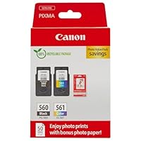 Canon Tinte & Papier Multipack - PG-560/CL-561 Original Drucker Tintenpatronen 2er-Pack (1 x Schwarz, 1 x Farbe druckerpatronen) & 4x6 Fotopapier (50 x Blatt)