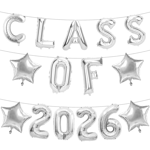 Image of Graduation Balloons, Class of 2026 Balloons, 16 Inch Silver Grad Class of 2026 Letters Foil Balloon with Star Balloons, Class of 2026 Decorations for High School College Graduation Party Decorations
