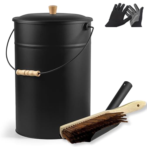 BRIAN & DANY Ash Bucket with Lid, 5.15 Gallon Fireplace Ash Bucket with Shovel and Hand Broom, Metal Bucket for Fireplace, Fire Pit, Wood Burning Stove, Black