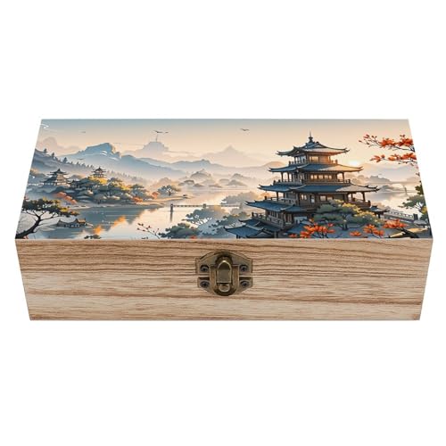 YCJUGWSP Asian Temple Landscape Wooden Storage Box with Hinged Lock,Decorative