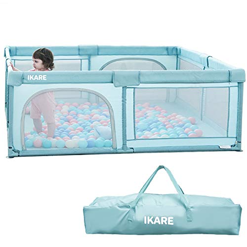 IKARE Baby Playpen, Extra Large Playard, Indoor n Outdoor Kid Activity Center Sturdy Safety Play Yard W/Portable Carry Bag, Super Soft Breathable Mesh, Side Zipper Design, Fence for Infant Toddler