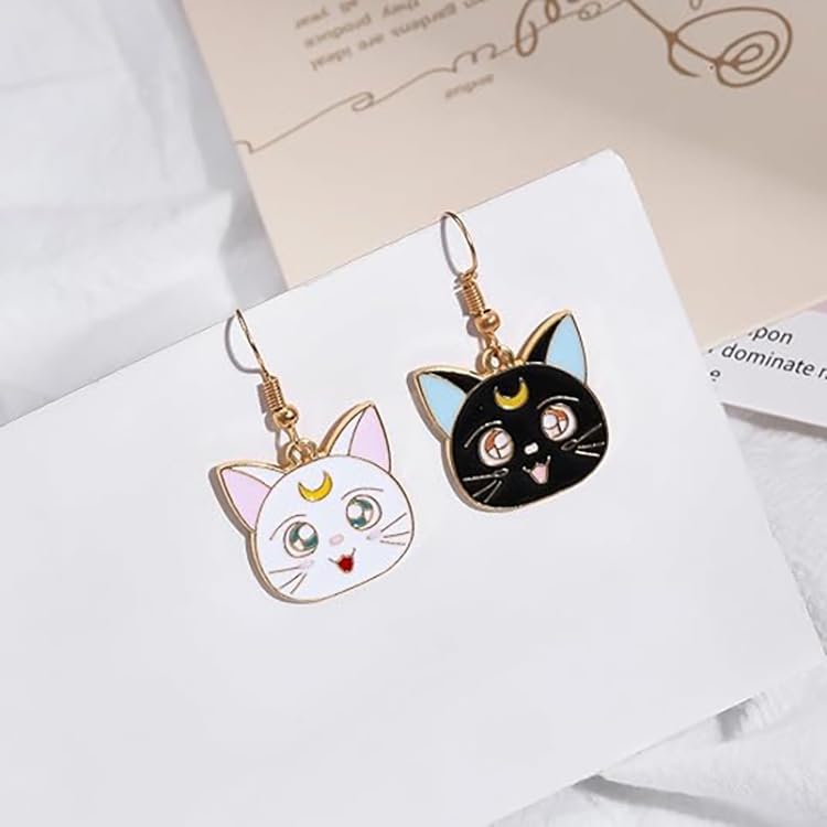 Cute Cat Dangle Earrings Set, Anime Luna Style, Black and White Enamel, 2 Pairs - Image 4