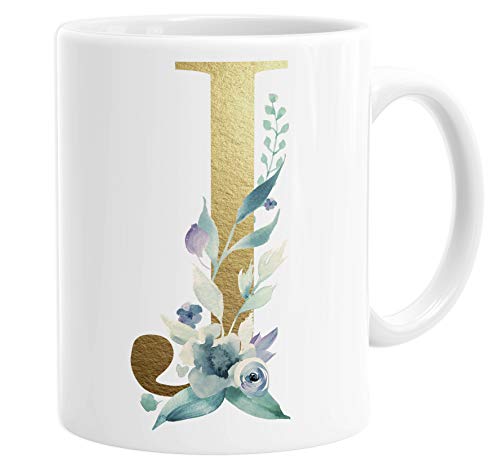 Image of Personalised Initial J Any Letter Gold Shimmer Floral Mug Coffee Cup Tea