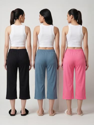 Image of Fflirtygo Women's Cotton Plain Calf Length Capri | Nightwear Pajama | 3 /4th Solid Pyjama Pant | Black Navy and Lavender Lounge Pants | Casual wear & Lounge Wear Capri Combo (Pack of 3)