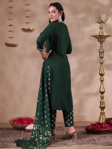 Image of ishin Women's Viscose Rayon Yoke Design Green Straight Kurta Suit Set with Trousers and Dupatta